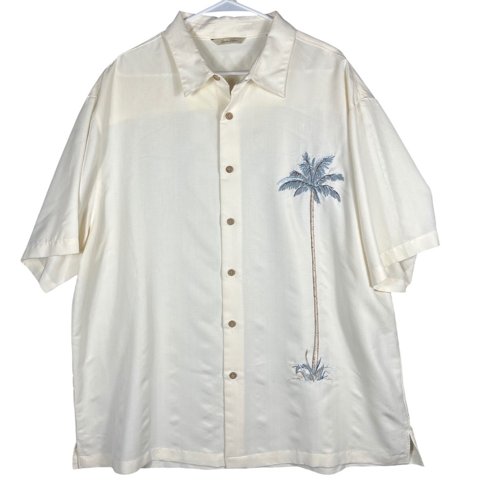 Paradise Collection Button Shirt Mens XXL Off-White Embroidered Palm‎ Tree Modal